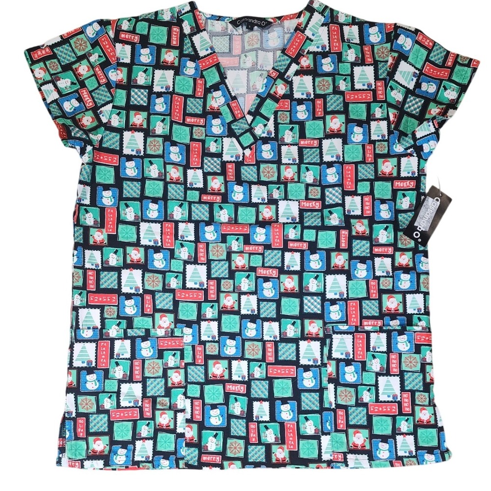 Holiday Snowman Christmas Stamp Scrub Top V-Neck Short Sleeve NWT Women's S